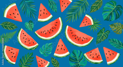 Watermelon Slices and Tropical Leaves on Blue Background Pattern