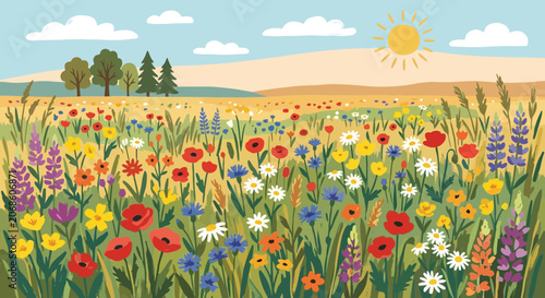 Vibrant wildflower meadow under sunny sky