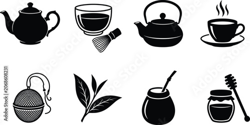 Cuadro en lienzo Tea Culture Icon Set Featuring Teapots Matcha Whisk Hot Cup Infuser Leaves Yerba