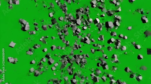 A dynamic explosion of dark gray smoke swirls against a vibrant green screen, framed by a subtle, geometric border.