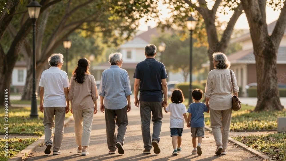 Obraz premium A large multi-generational family walks away from the camera down a tree-lined path during golden hour, showcasing bonds across ages.