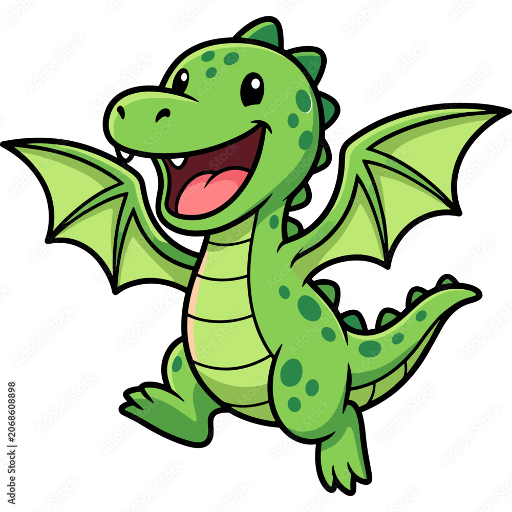 Fototapeta premium A cartoon green dragon with wings and spots runs happily outdoors