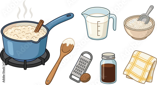 Obraz na plátně Arroz con Leche Rice Pudding Cooking Process Vector Elements Set with Cinnamon M