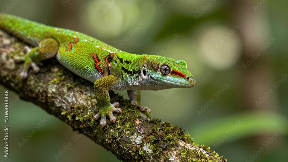 Fototapeta premium A close-up shot of a vibrant green gecko with intricate red and black patterns resting on a moss-covered branch in its natural habitat.
