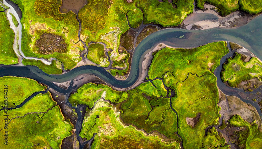 Fototapeta premium Künstlerische Luftaufnahme einer feuchten Marschlandschaft, organische Fels- und Schlammformationen in Moosgrün und Braun, sauberer Naturhintergrund für Hero-Sections
