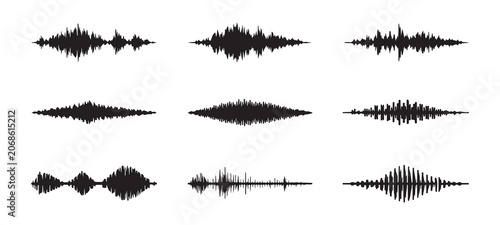 Fotografie Set of Black Audio Waveform Icons and Sound Frequency Waves