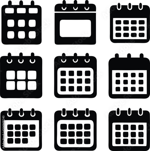 Modern Monochrome Calendar Icons Representing Scheduling, Event Organization, and Important Date Tracking Functionality