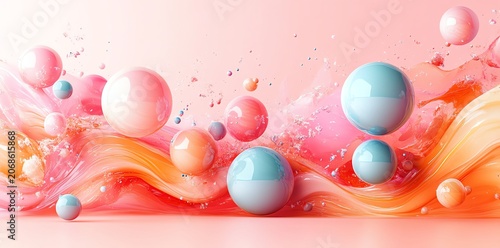 Abstract Colorful Bubbles with Swirling Waves in Soft Pink and Orange Background