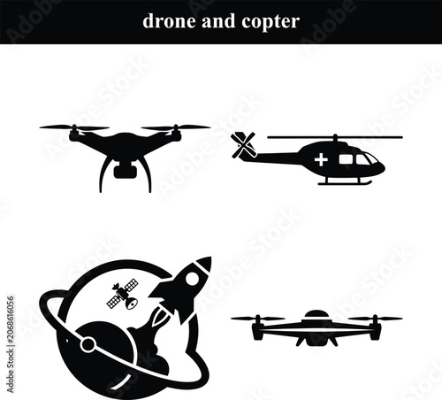 Drone and Copter Icon Bundle - UAV, Helicopter, Rocket Launch & Satellite Vector Set