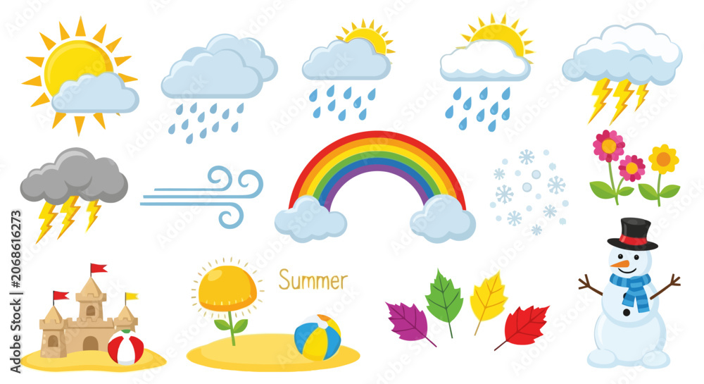 Fototapeta premium Weather and seasonal icons for nature and forecast