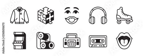 Minimalist Retro 80s and 90s Pop Culture Icons Set in Black Line Art