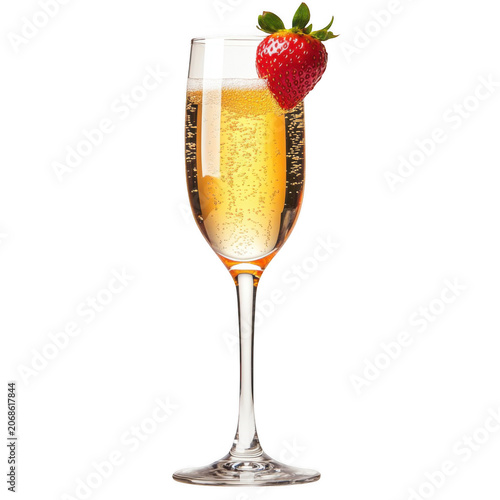 Elegant glass of sparkling golden champagne decorated with a single fresh ripe red garden strawberry