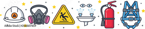 Industrial safety equipment vector icon set featuring hard hat respirator mask slippery wet floor warning sign emergency eyewash station fire extinguisher and safety harness.