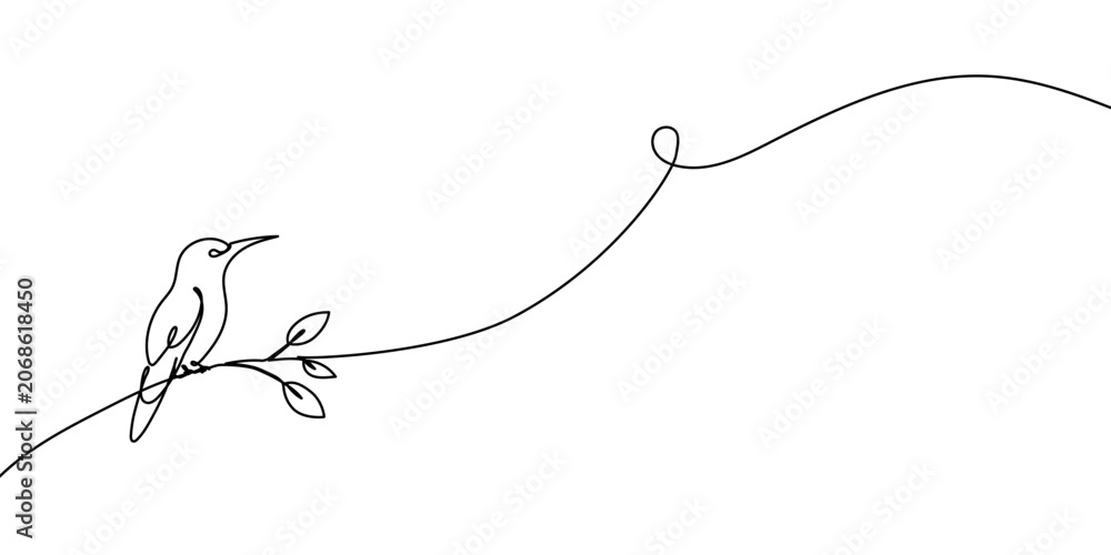 Fototapeta premium Continuous line drawing of hummingbird with hibiscus flower. Minimalist art featuring tropical bird in flight. Vector illustration with elegant outline design.