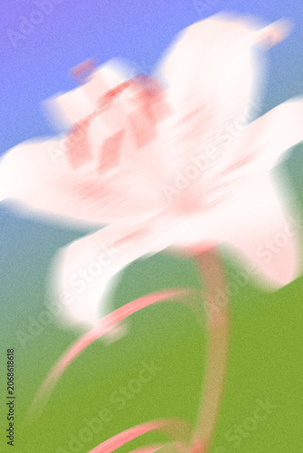 Abstract blurred  lily flower with grainy noise effect on blue and green gradient background. Trendy summer banner template for promo sales, flyers, and marketing backdrops.