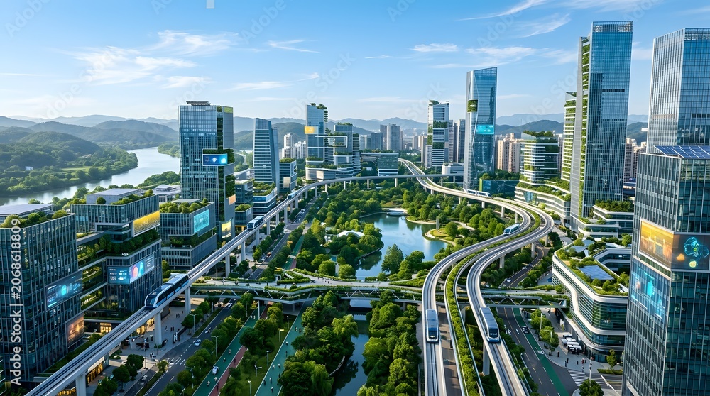Obraz premium Modern Futuristic Cityscape with High-Rise Buildings, Green Parks, and Elevated Train Tracks, Urban Development and Technology Concept