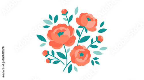 Coral Peony Flowers and Buds with Teal Leaves, Delicate Floral Illustration