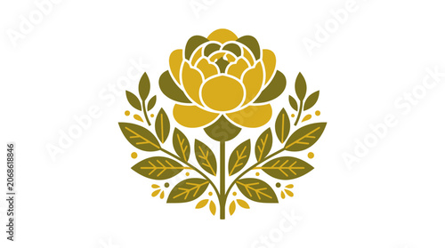 Elegant Golden Rose Emblem with Leaves and Petals, Decorative Floral Design