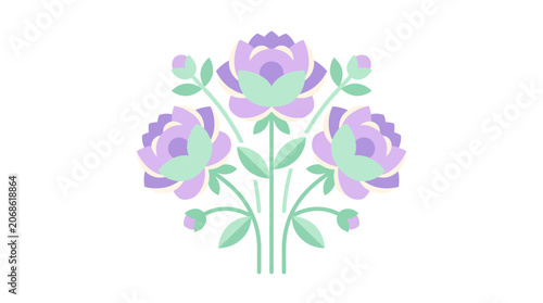 Pastel Floral Arrangement with Peonies and Buds, Flat Design Vector Illustration