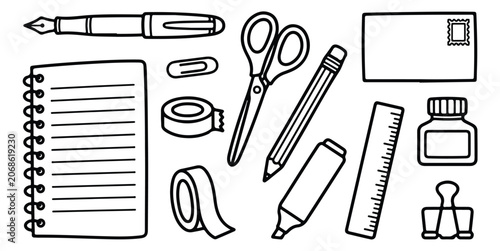Cuadro en lienzo Hand drawn school stationery icons vector set, black and white office supplies d