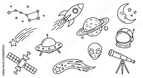 Photos Hand drawn space icons set, black and white doodle galaxy vector elements, outer