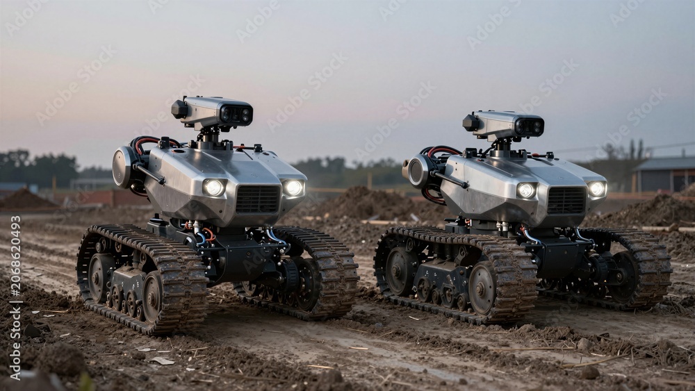 Fototapeta premium Two silver autonomous tracked robots move across muddy terrain with headlights on, simulating military field operations and advanced defense technology testing.