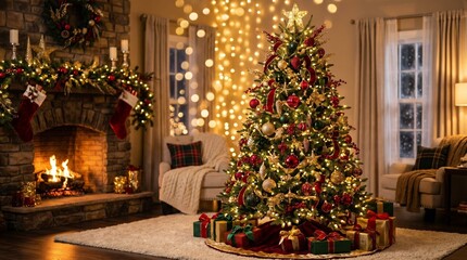 Christmas Tree with Golden Fairy Lights and Red Green Decorations, Festive Holiday Background