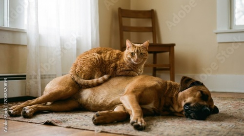 A cozy scene of a cat resting on a dog indoors, peaceful moment.