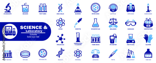 Editable solid science laboratory icons. A collection of medical research, scientific equipment, and tools vector Illustrator.