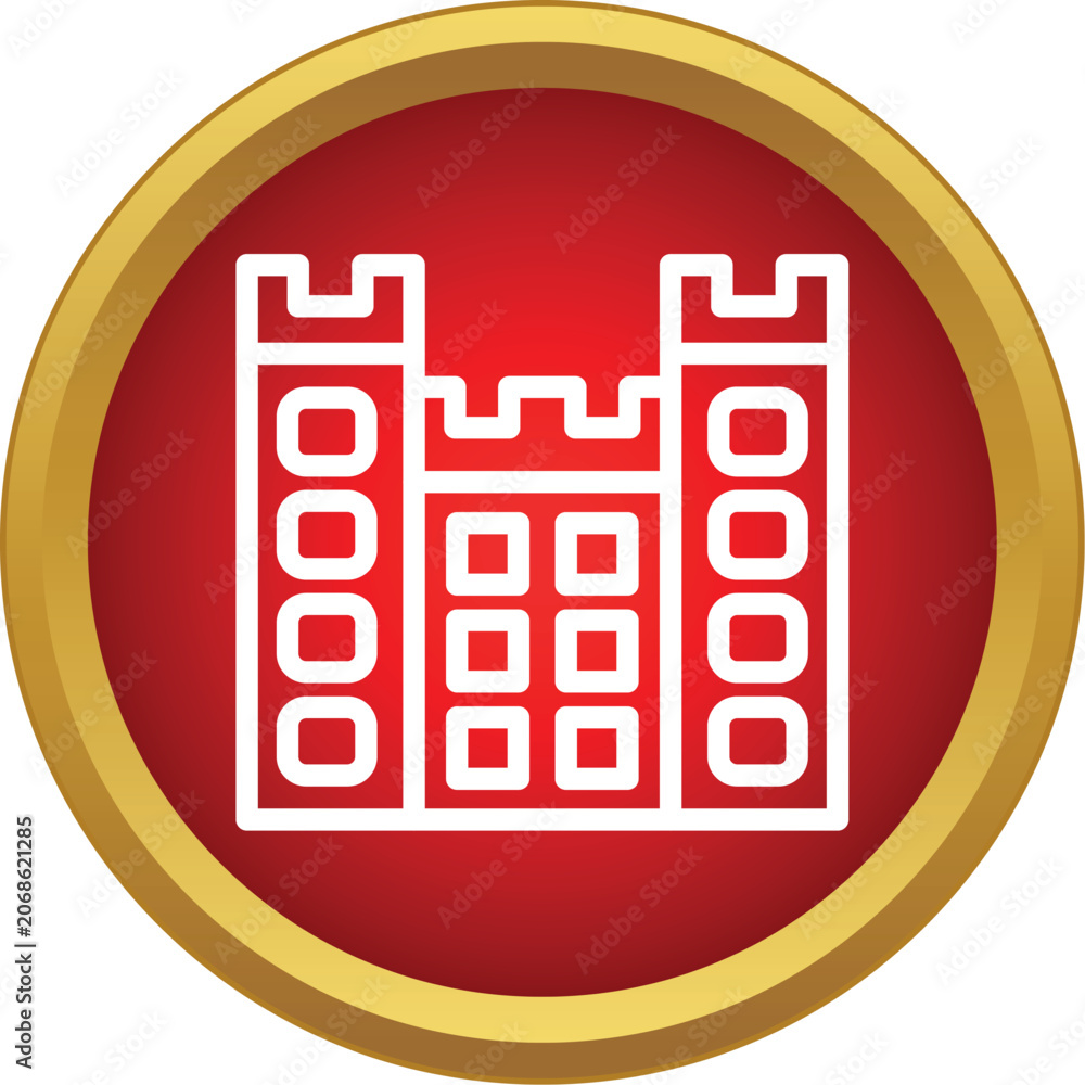 Naklejka premium White outline castle building icon within a red and gold bordered circle
