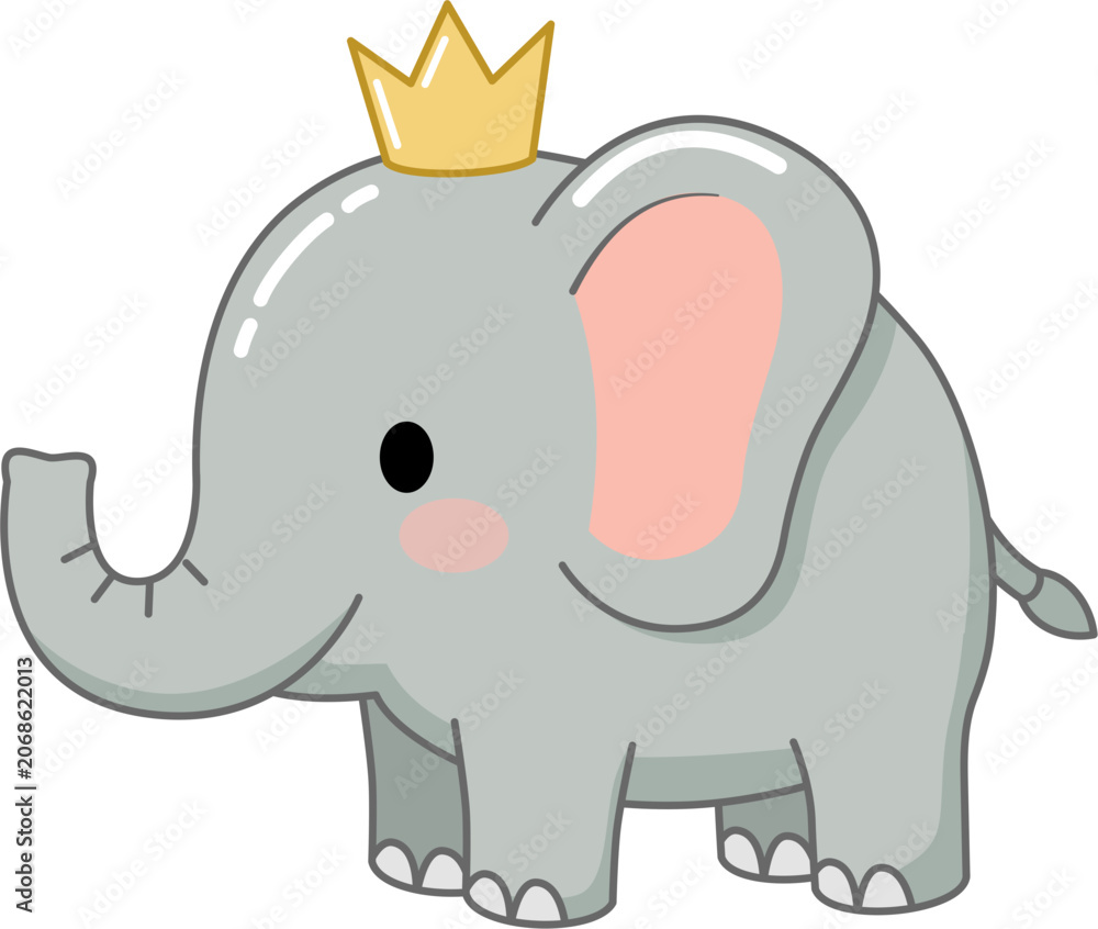 Obraz premium Cute Cartoon Baby Elephant with Gold Crown Vector Illustration