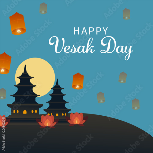 Vesak Day greeting illustration featuring floating lanterns, lotus flowers, and Buddhist temple silhouette