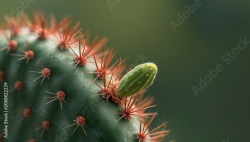 Close-up macro image of a green cactus with sharp spines in a desert showing a textured succulent plant with botanical leaves and a slightly wilting appearance