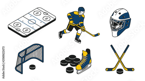 Photography Ice Hockey Equipment and Rink Isometric Vector Illustration Set