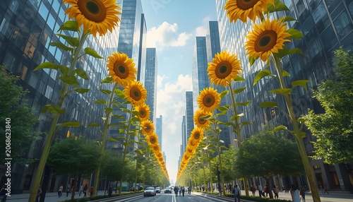 Sunflowers Framing Modern City Skyline