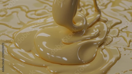 Thick Creamy Melted Cheese Sauce Pouring and Swirling into a Rich Velvety Fondue Pool
