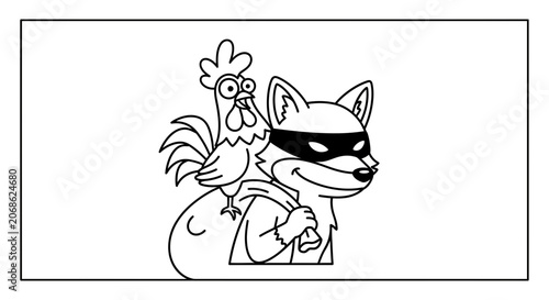 Funny Fox Thief with Chicken on Bag, Cartoon Bandit Animal Illustration
