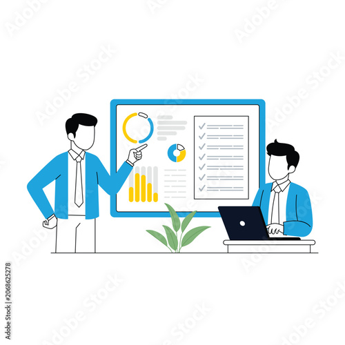 Business team presenting data analytics and KPI dashboard in office meeting