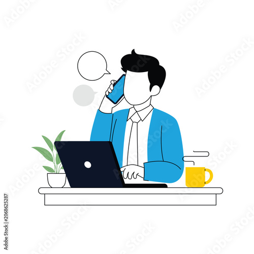 Businessman Talking on Smartphone While Working on Laptop at Office Desk Flat Vector Illustration