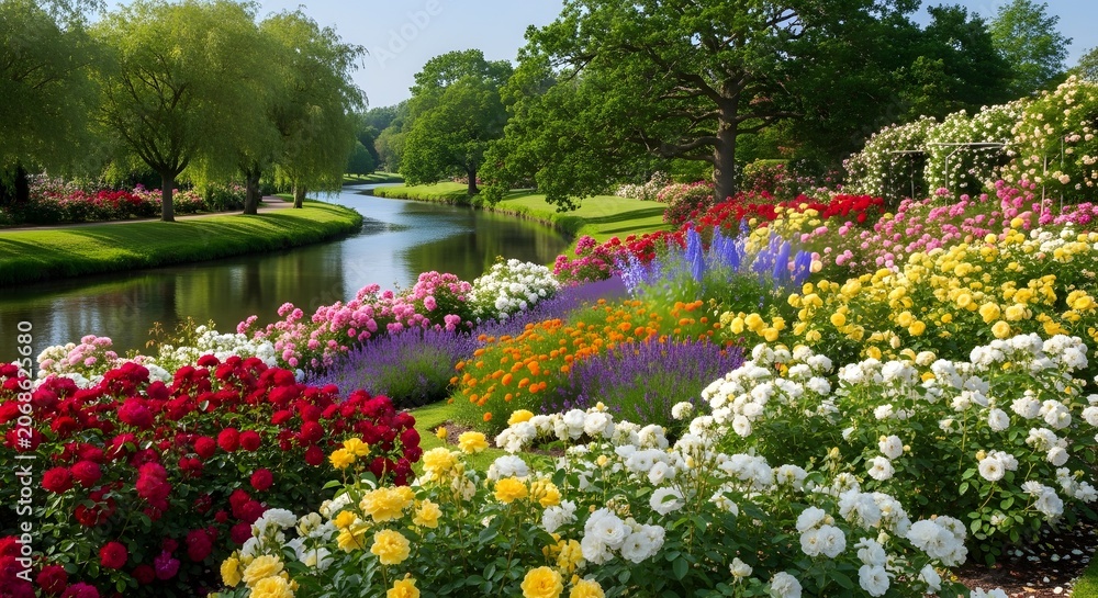 Obraz premium Riverside garden with blooming red, yellow, and white roses 4K video. 