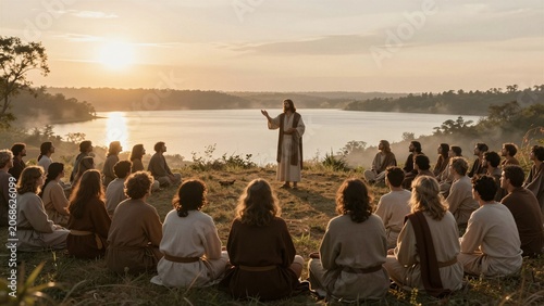 Jesus stands addressing a seated crowd of followers on a grassy hill, with a serene lake and sunset in the background.