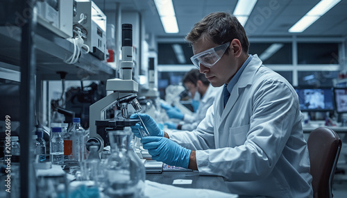 a cinematic photo of professional scientist conducting experiments in a modern laboratory, wearing a white lab coat, safety goggles, and gloves, analyzing samples with advanced scientific equipment, 