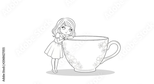 Charming Girl Leaning on Giant Teacup, Whimsical Illustration