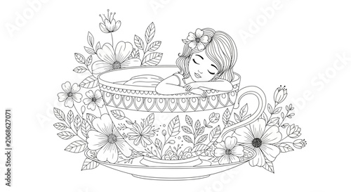 Charming Girl Relaxing in a Teacup Surrounded by Flowers