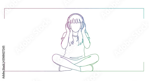 Child listening to music with headphones, sitting cross-legged, line art, colorful gradient