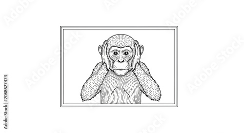 Chimpanzee Covering Ears, Illustration of 'Hear No Evil' concept