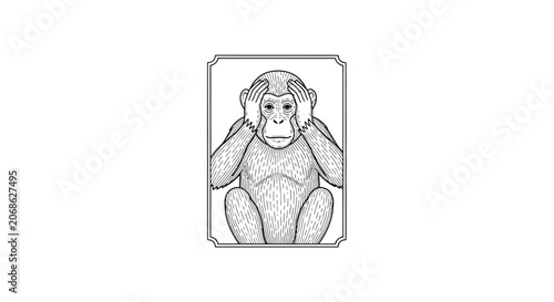Chimpanzee Covering Ears, Illustration of 'Hear No Evil' Monkey