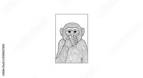 Chimpanzee Covering Mouth, Black and White Line Art Illustration