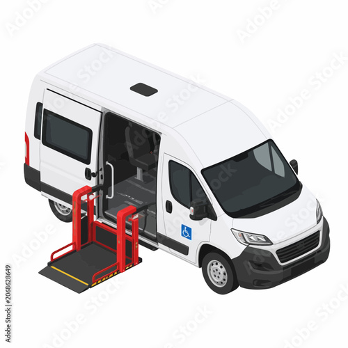 Isometric vector illustration of white paratransit van featuring a red hydraulic wheelchair lift deployed through the open side door and a blue handicap sign on the front door panel.