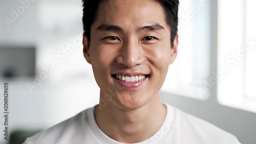 A happy young Asian man smiling brightly in a modern room